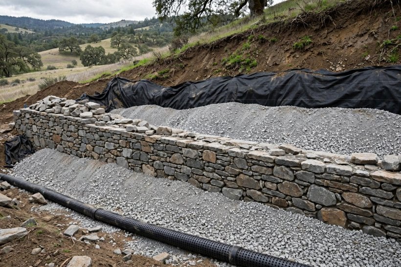 natural rock retaining wall: gravel drainage backfill and a perforated drain pipe behind a wall under construction