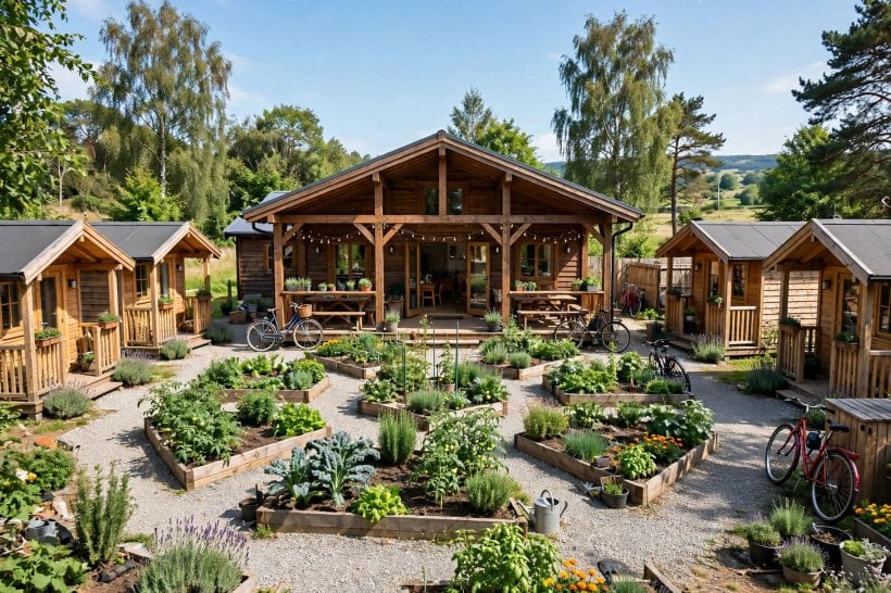 intentional communities: small private cottages clustered around a shared cohousing courtyard and common house