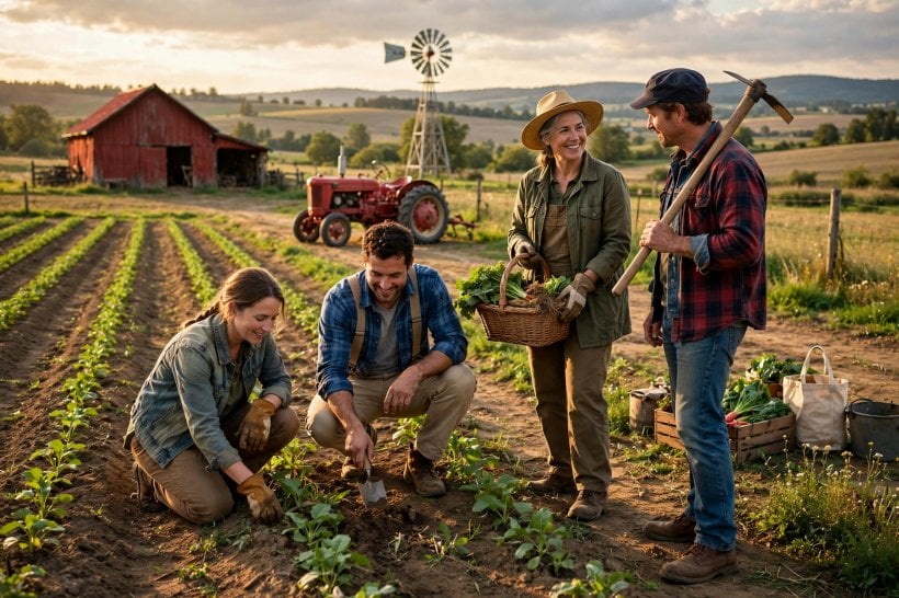 intentional communities: members working shared farmland beside the cooperative barn and tractor