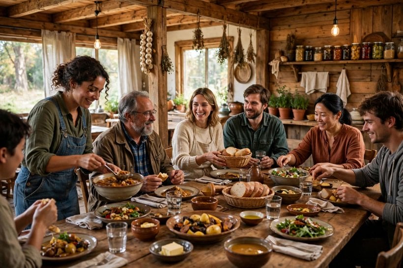 intentional communities: residents sharing a communal meal at long tables in the common dining hall