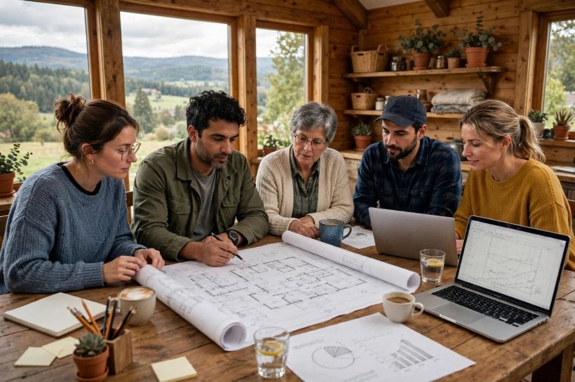 intentional communities: members reviewing community plans and budgets together at a common house table
