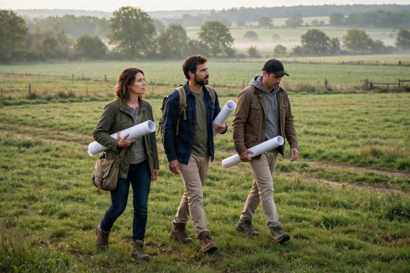 intentional communities: founders walking open land while planning a new community