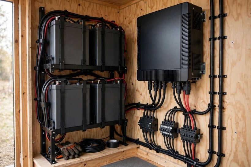 Off-Grid Power Stations: a wired battery bank installation, the alternative the crossover math compares