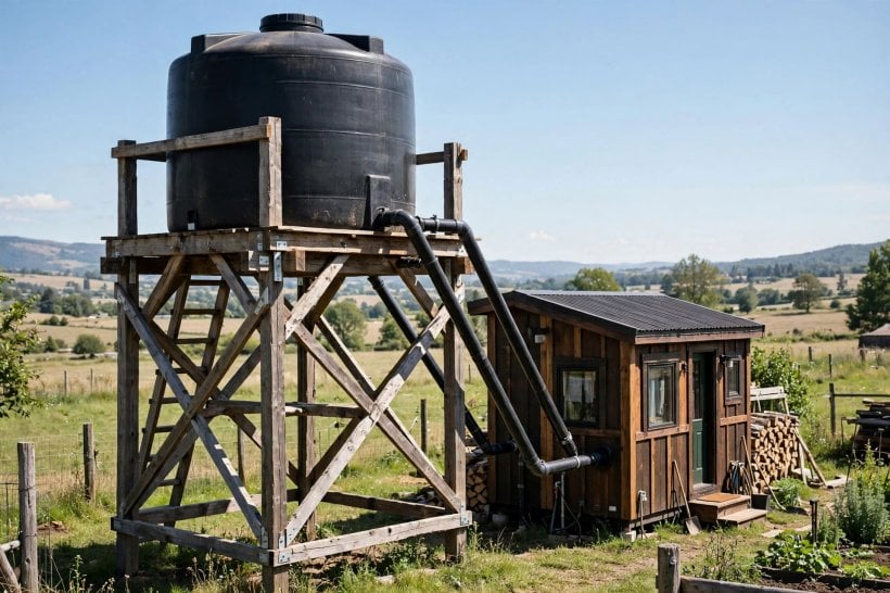off-grid tiny house water systems: elevated loft tank on a raised platform tower feeding the house by gravity