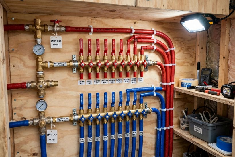 off-grid tiny house water systems: PEX manifold with individual shutoffs at the center of a wet wall