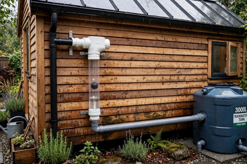 off-grid tiny house water systems: first-flush diverter pipe washing the roof before the cistern fills