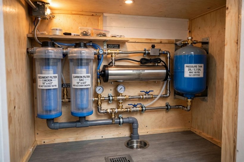 off-grid tiny house water systems: filtration closet with sediment and carbon filters, UV sterilizer and pressure tank