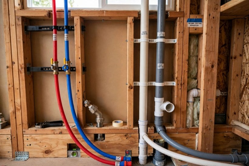 off-grid tiny house water systems: dual potable and non-potable pipe runs in separate color-coded lines