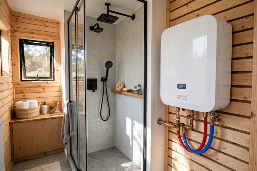 off-grid tiny house water systems: point-of-use tankless water heater mounted beside the shower