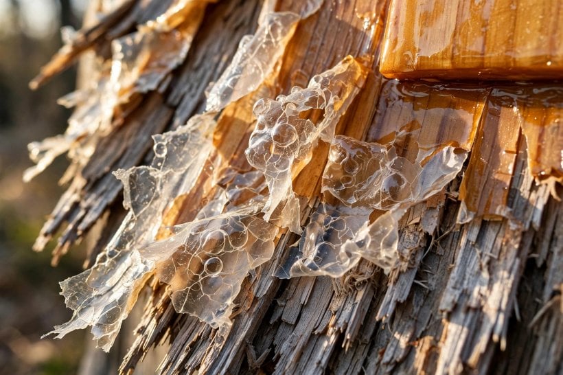 Paint vs. Stain: a clear coat peeling off degraded cedar fibres like a sunburn