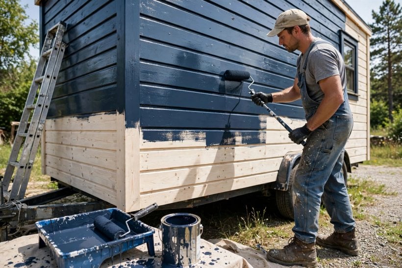 Paint vs. Stain: a thick satin paint film being rolled onto tiny house siding