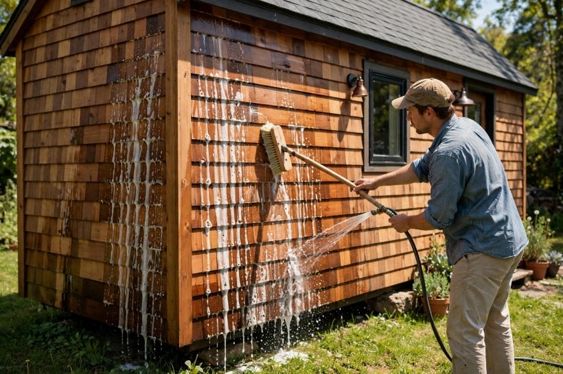 Paint vs. Stain: washing stained siding with a soft brush before an easy recoat