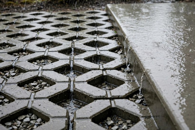 Permeable Rock Pavers: rain soaking through open paver joints into the stone base instead of running off