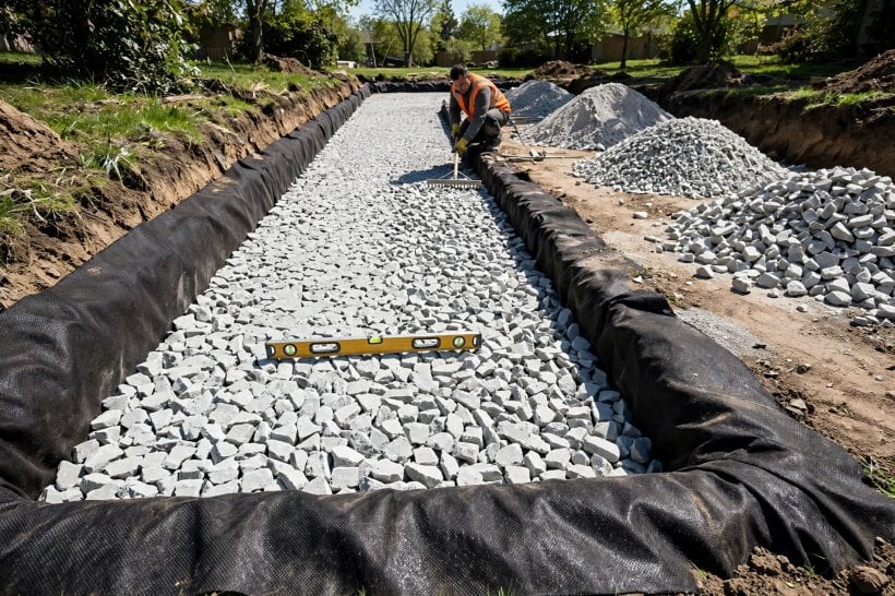 Permeable Rock Pavers: open-graded crushed stone reservoir layer being levelled over geotextile fabric