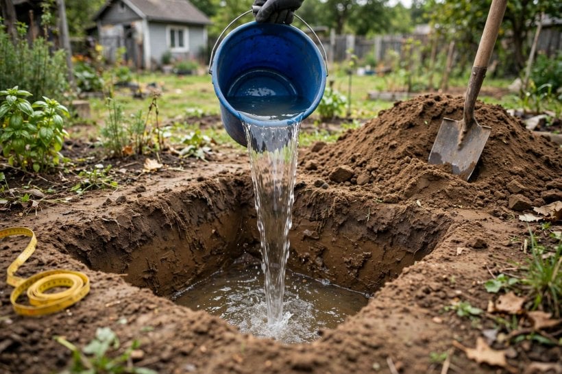 Permeable Rock Pavers: a percolation test pit dug in the soil before excavation