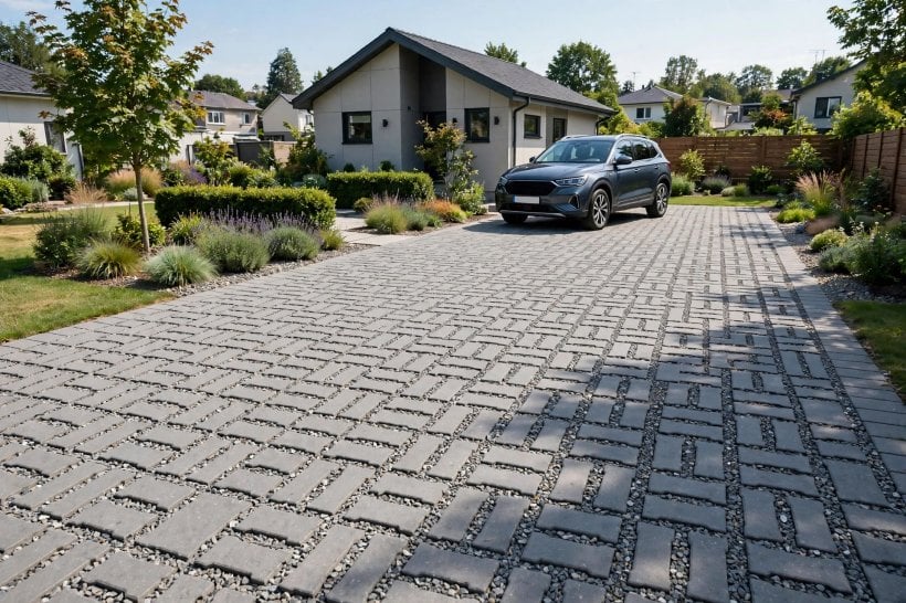 Permeable Rock Pavers: a permeable interlocking concrete paver driveway with wide aggregate-filled joints