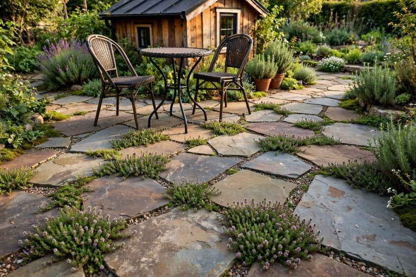 Permeable Rock Pavers: a flagstone patio with wide aggregate joints and creeping thyme between the stones