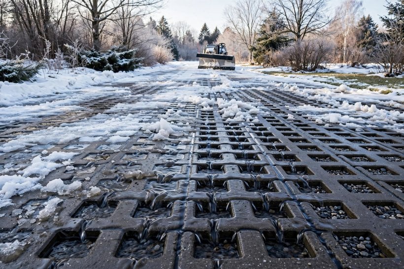 Permeable Rock Pavers: snow melting on a permeable driveway with a rubber-edged plow clearing it