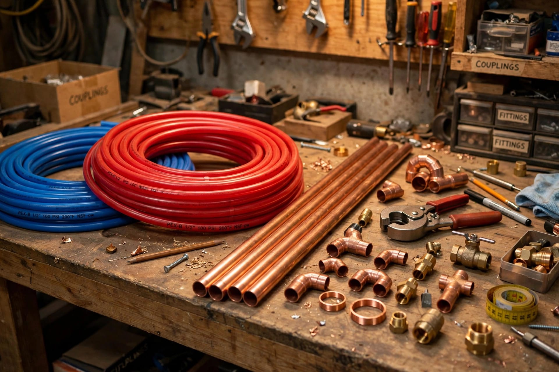 plumbing weight calculator: coils of PEX tubing beside copper pipe on a workbench