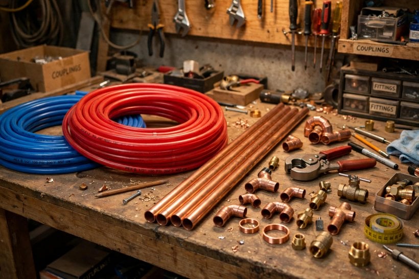 plumbing weight calculator: coils of PEX tubing beside copper pipe on a workbench