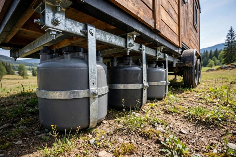 plumbing weight calculator: three holding tanks strapped under a tiny house trailer