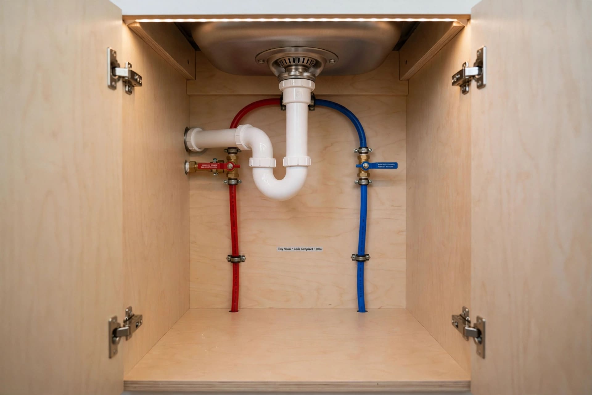 plumbing weight calculator: PEX supply lines and drain under a tiny house kitchen sink