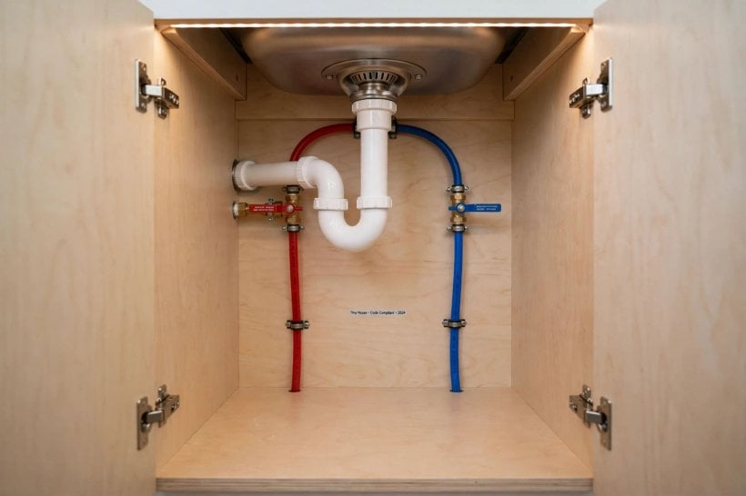 plumbing weight calculator: PEX supply lines and drain under a tiny house kitchen sink