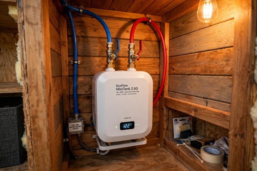 plumbing weight calculator: compact water heater with PEX connections in a utility nook