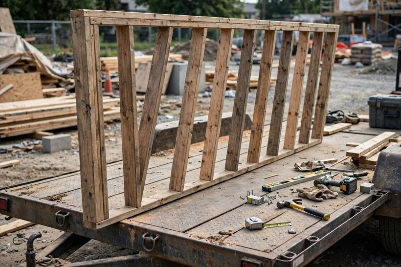 how to prevent tiny house framing from twisting: a bare stud wall frame standing on a trailer deck