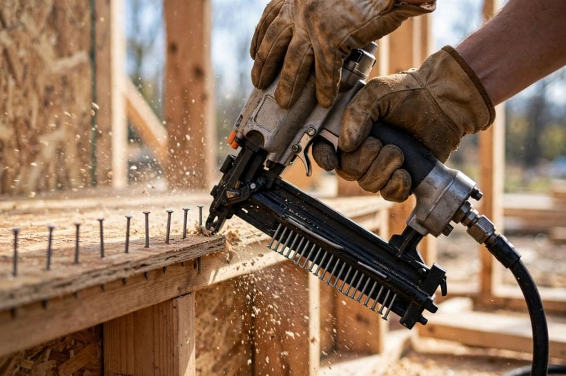 how to prevent tiny house framing from twisting: nailing OSB sheathing to a stud wall to a schedule
