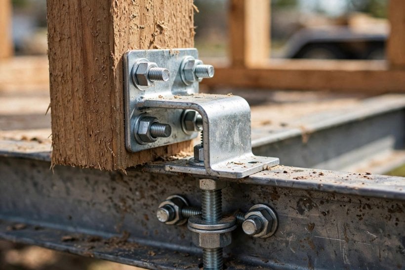 how to prevent tiny house framing from twisting: a hold-down connector bolting a wall end stud to the trailer