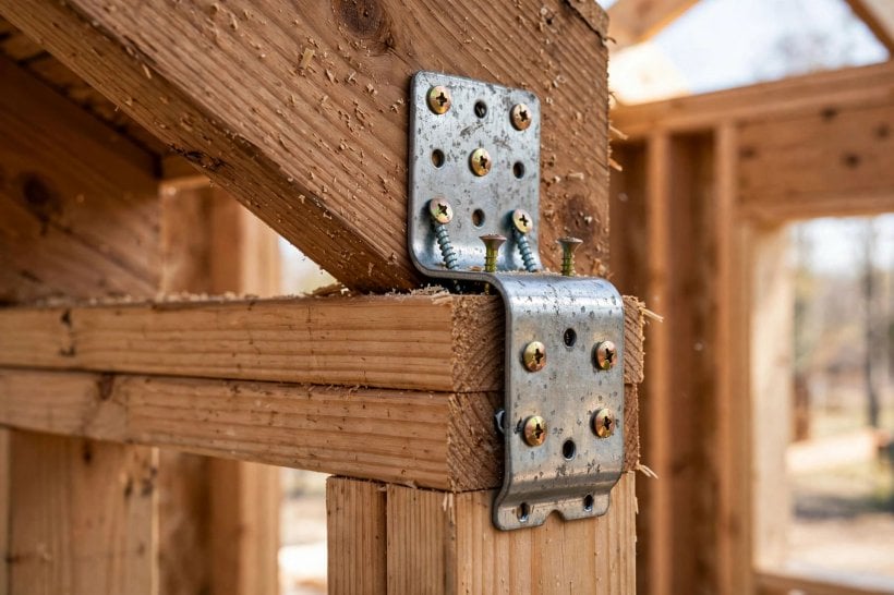 how to prevent tiny house framing from twisting: a hurricane tie connecting rafter to wall top plate