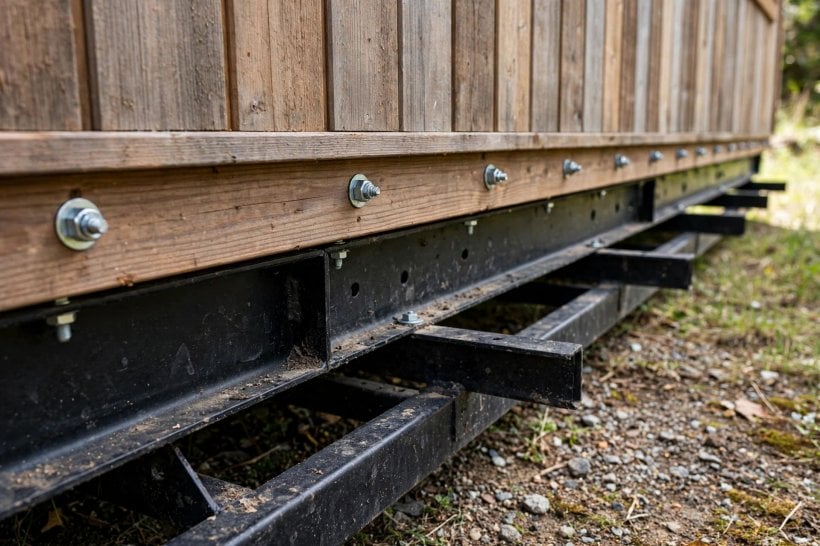 how to prevent tiny house framing from twisting: sill through-bolts tying the wall to the trailer outriggers
