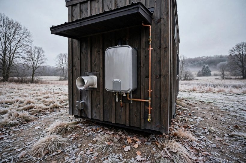 Propane vs Electric in Tiny Houses: a propane furnace and on-demand water heater on a tiny house utility wall