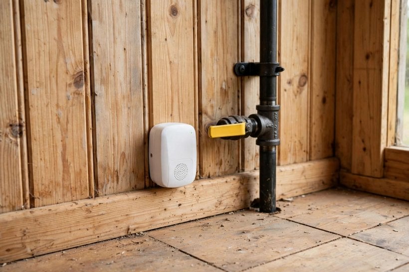 Propane vs Electric in Tiny Houses: a low-mounted propane detector beside a labeled main shutoff