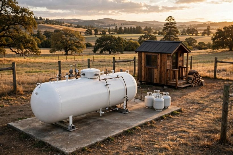 Propane vs Electric in Tiny Houses: a 120-gallon ASME tank on a homestead pad