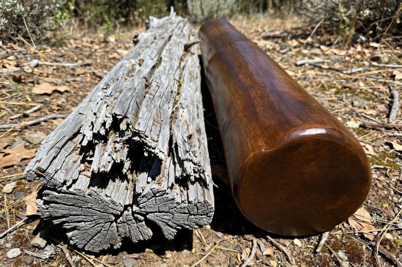 Protecting Outdoor Log Crafts: gray weathered wood beside a finished log