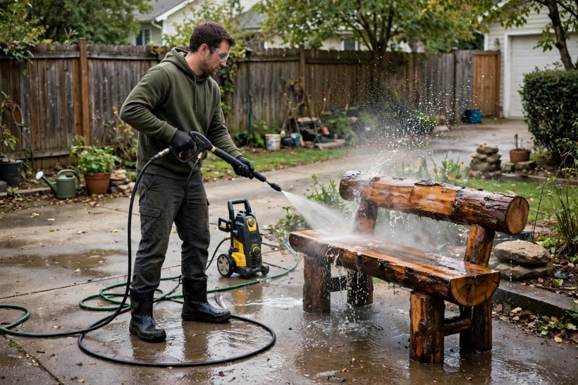 Protecting Outdoor Log Crafts: pressure-washing a log bench before staining