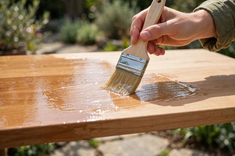 Protecting Outdoor Log Crafts: brushing a clear film finish onto a tabletop
