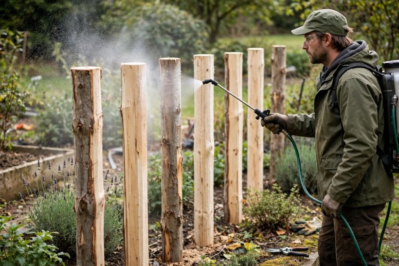 Protecting Outdoor Log Crafts: spraying borate treatment onto bare log posts