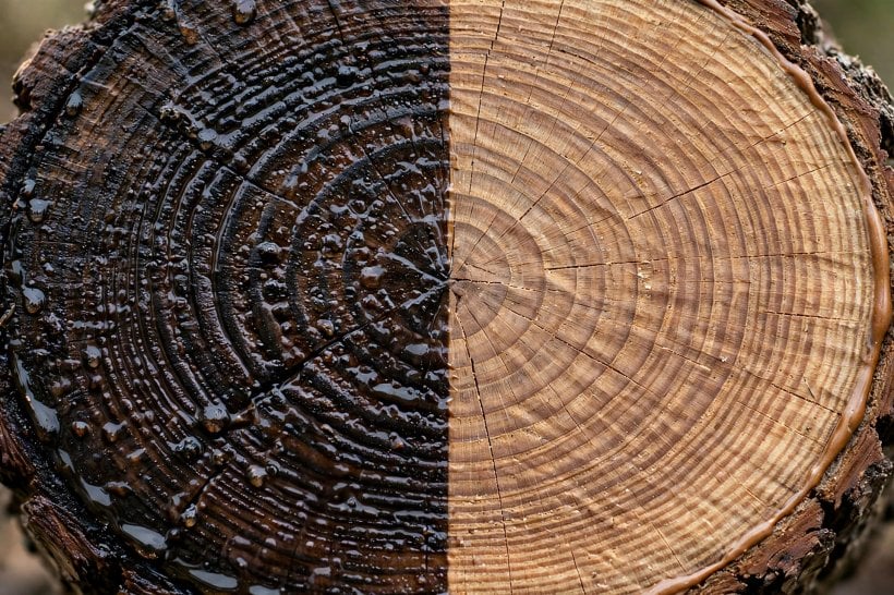 Protecting Outdoor Log Crafts: log end grain, half sealed and half absorbing water