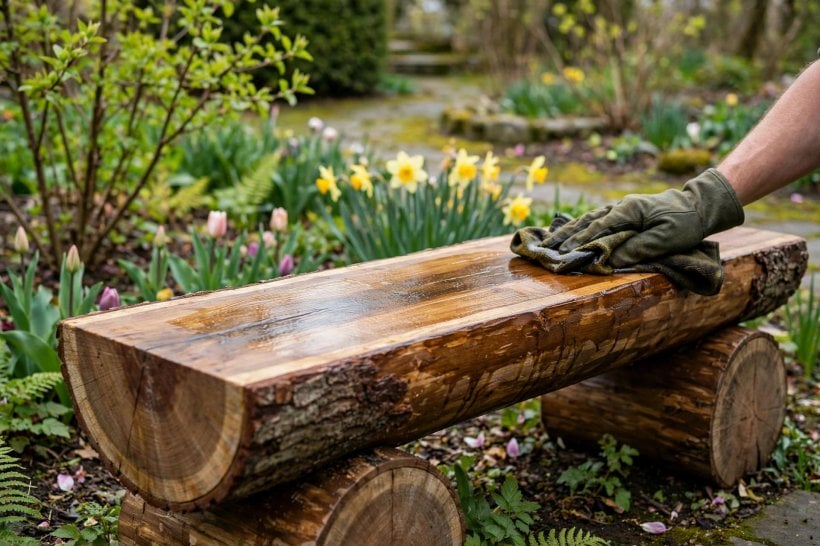 Protecting Outdoor Log Crafts: a spring maintenance coat wiped onto a log bench