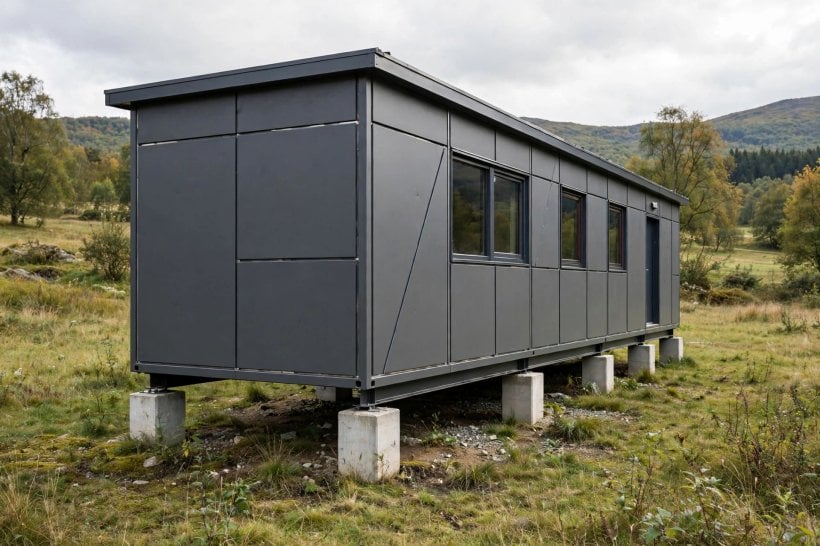 quite lite shelter: cabin shell raised on simple foundation piers