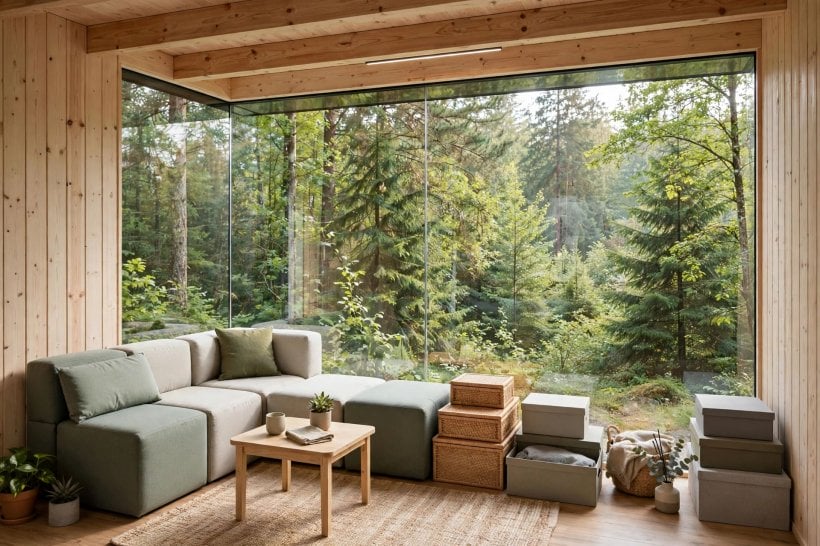 quite lite shelter: bright interior living space with modular furniture