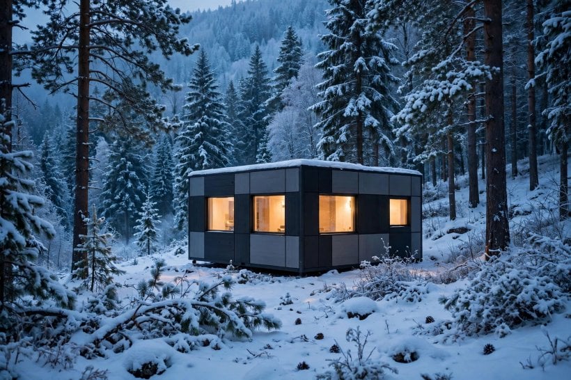 quite lite shelter: cabin standing in snow with warm light in the windows