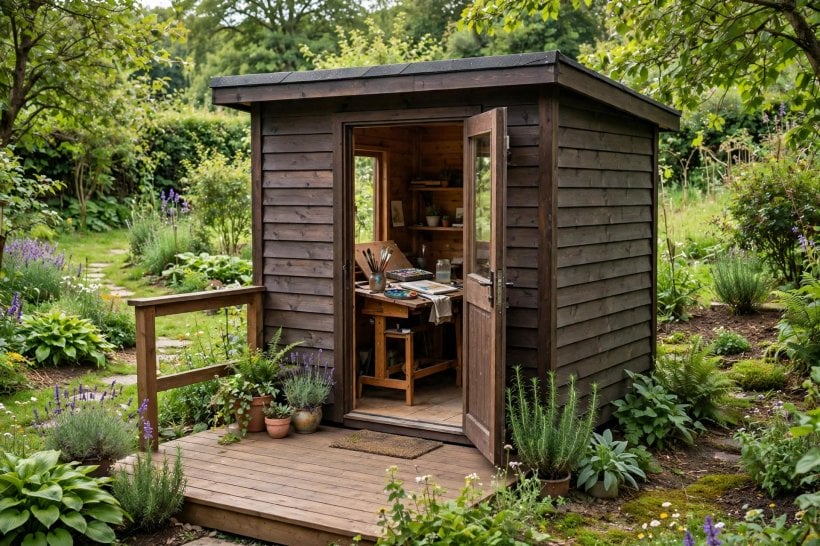 quite lite shelter: cabin used as a garden studio with a small deck