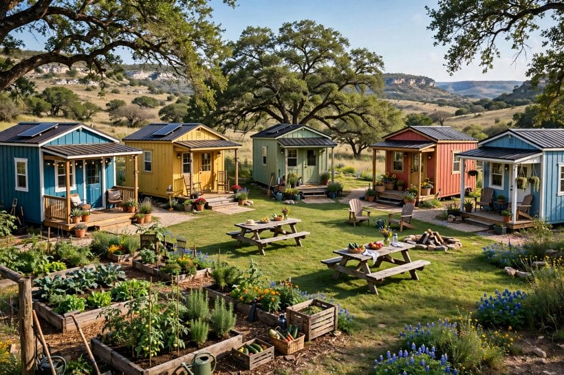 tiny house living quiz: a tiny house village community, one of the social living options a Balanced budget can unlock
