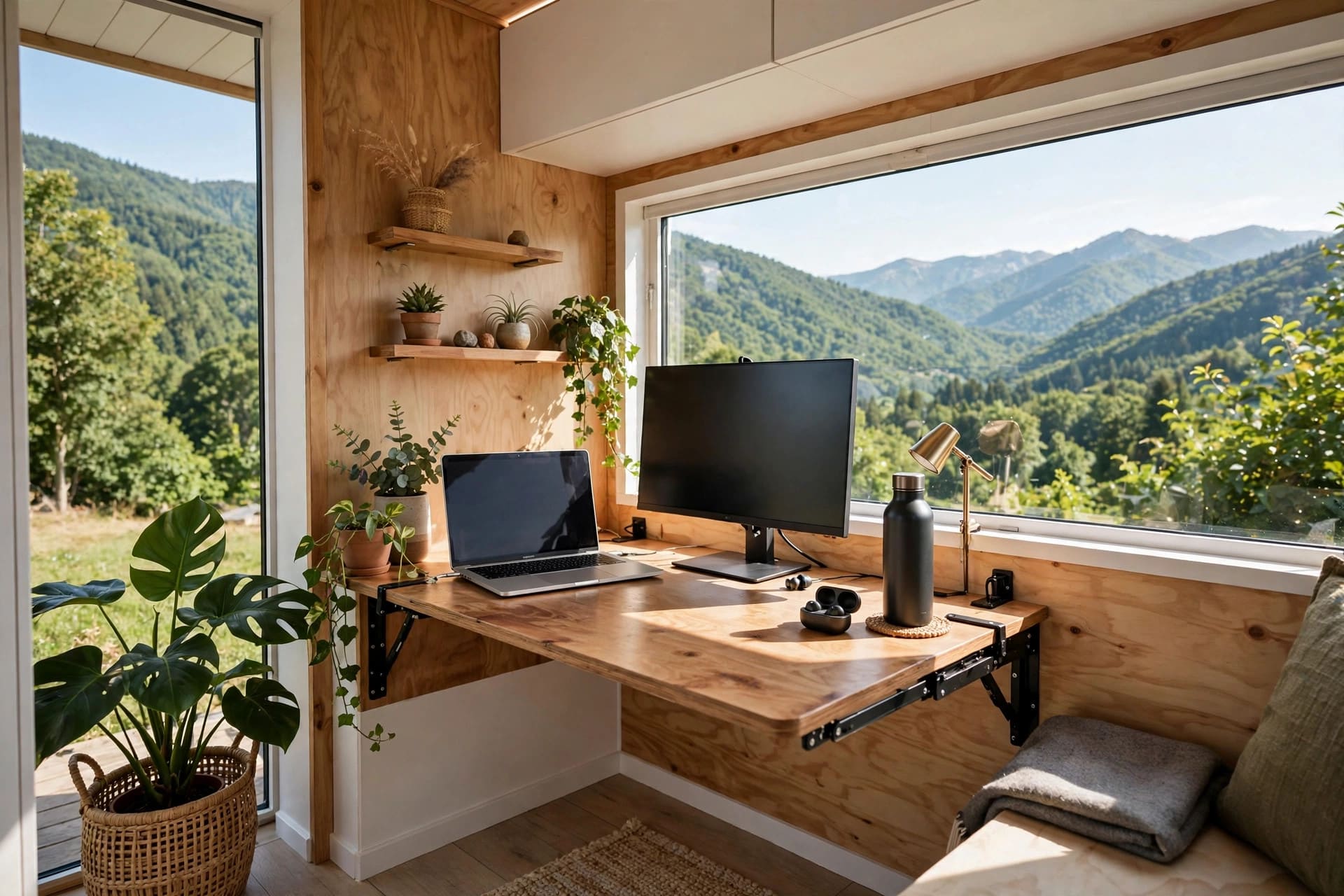 tiny house living quiz: a digital nomad workspace inside a tiny house, suited to Urban and Village matches with strong internet
