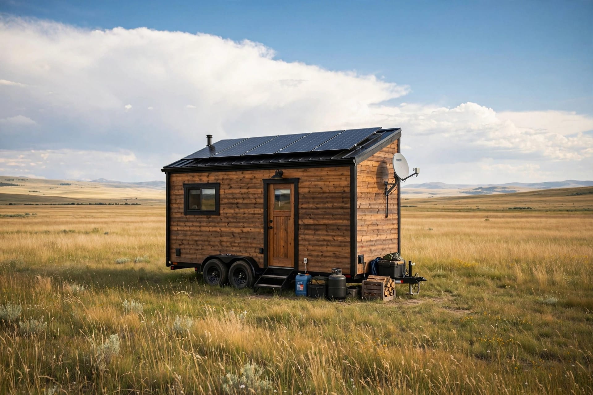 tiny house living quiz: an off-grid tiny house with solar panels and satellite internet, the Deep Nature lifestyle the quiz can match