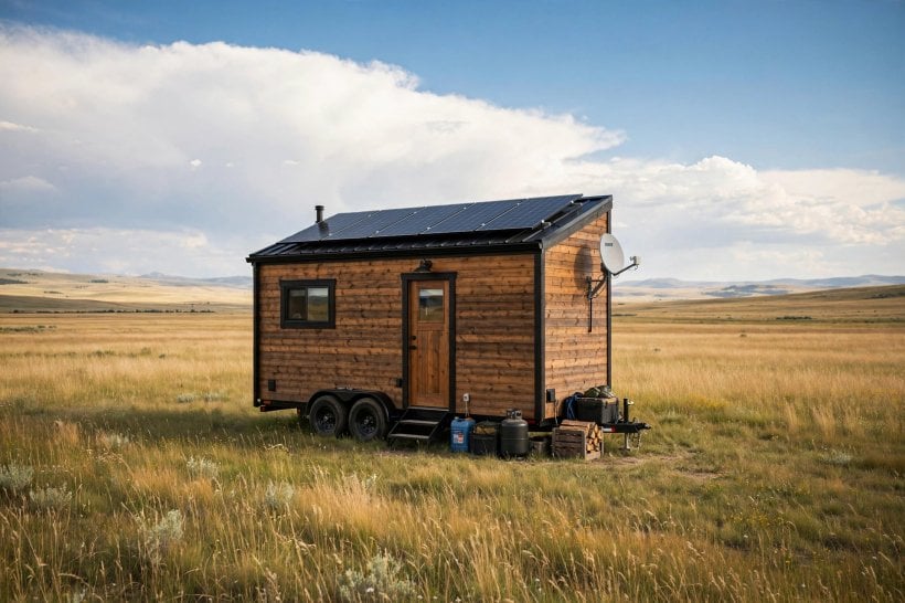 tiny house living quiz: an off-grid tiny house with solar panels and satellite internet, the Deep Nature lifestyle the quiz can match
